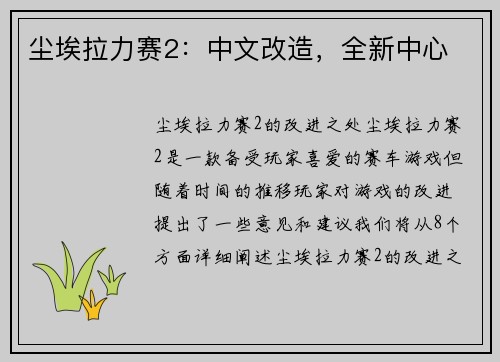 尘埃拉力赛2：中文改造，全新中心